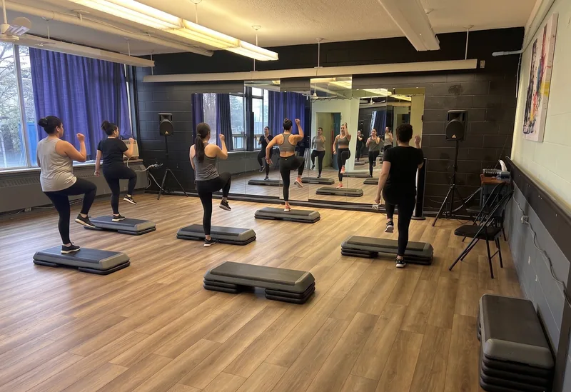 Group step class in a mirrored studio room available through Ottawa gym rentals at DQ Ballroom & Fitness
